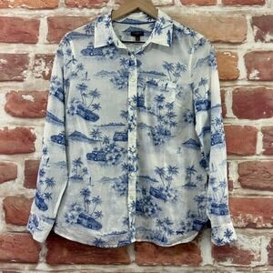 Talbots Shirt Womens MP White Blue Tropical Outdoor Scenic Palm Tree Coastal Top